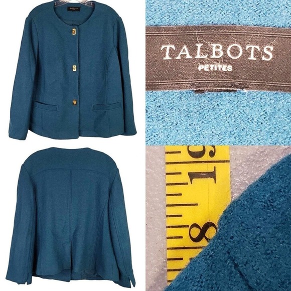 Talbots Blazer Size LP Petite Jacket Kiss Button Closure Blue Green Boiled Wool - Picture 1 of 8